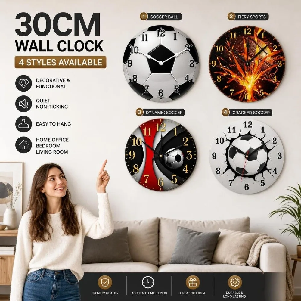 Solid Wood Round Wall Clock Silent 30cm Football-Themed Wooden Clock Battery Operated Non-Ticking Soccer Quartz Clock