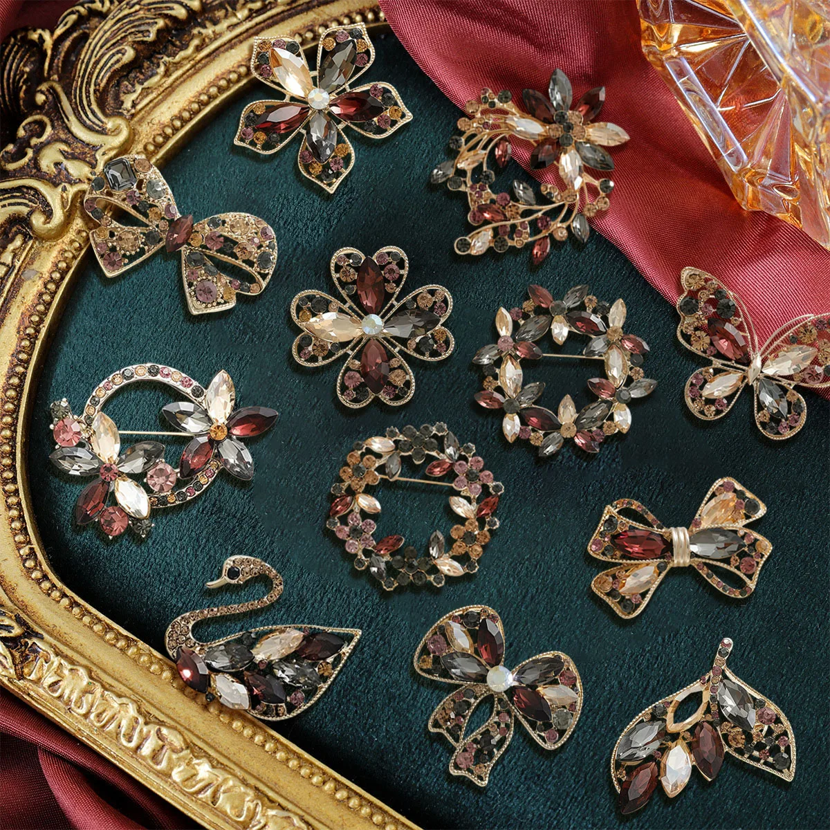 Cross border color diamond flower garland brooch and pin, fashionable retro crystal temperament clothing accessories