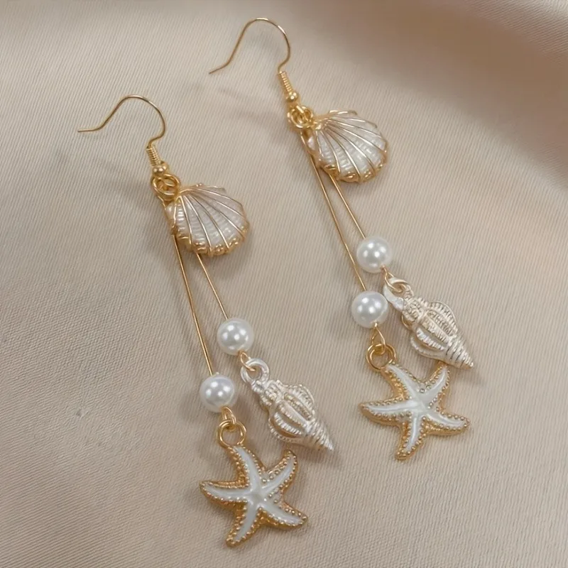 Fashionable Summer Ocean Pink Imitation Conch Imitation Shell Imitation Pearl Drop Earrings Women'S Beach Vacation Decoration