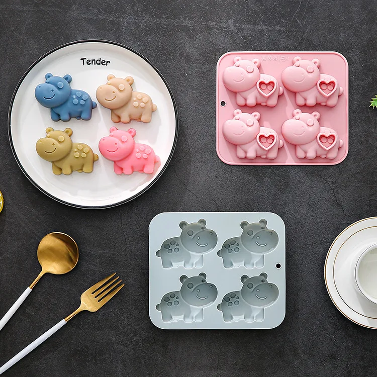 

4 Cavity Hippo Shape Chocolate Mold Cartoon Animal Epoxy Gummy Plaster Mold Dessert Silicone Mold Cake Decoration Accessories