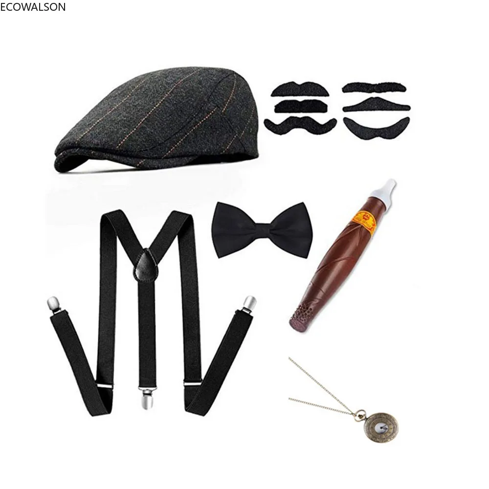 5 Pieces Stage Clothing Accessories Set 30s Manhattan Gangster Beret Y-Back Suspender Necklace 1920s Men's Gatsby Costume 30