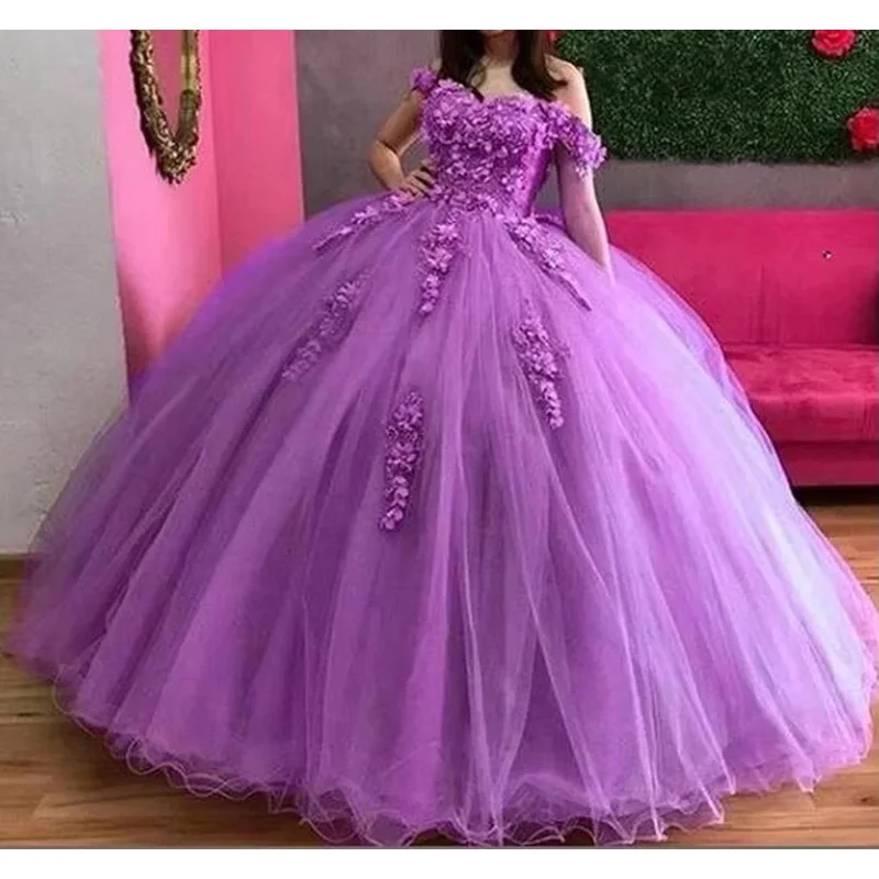 

Lilac Off-Shoulder Ball Gown Quinceanera Dresses For 15 Party Fashion 3D Appliques Cinderella Birthday Party Customized