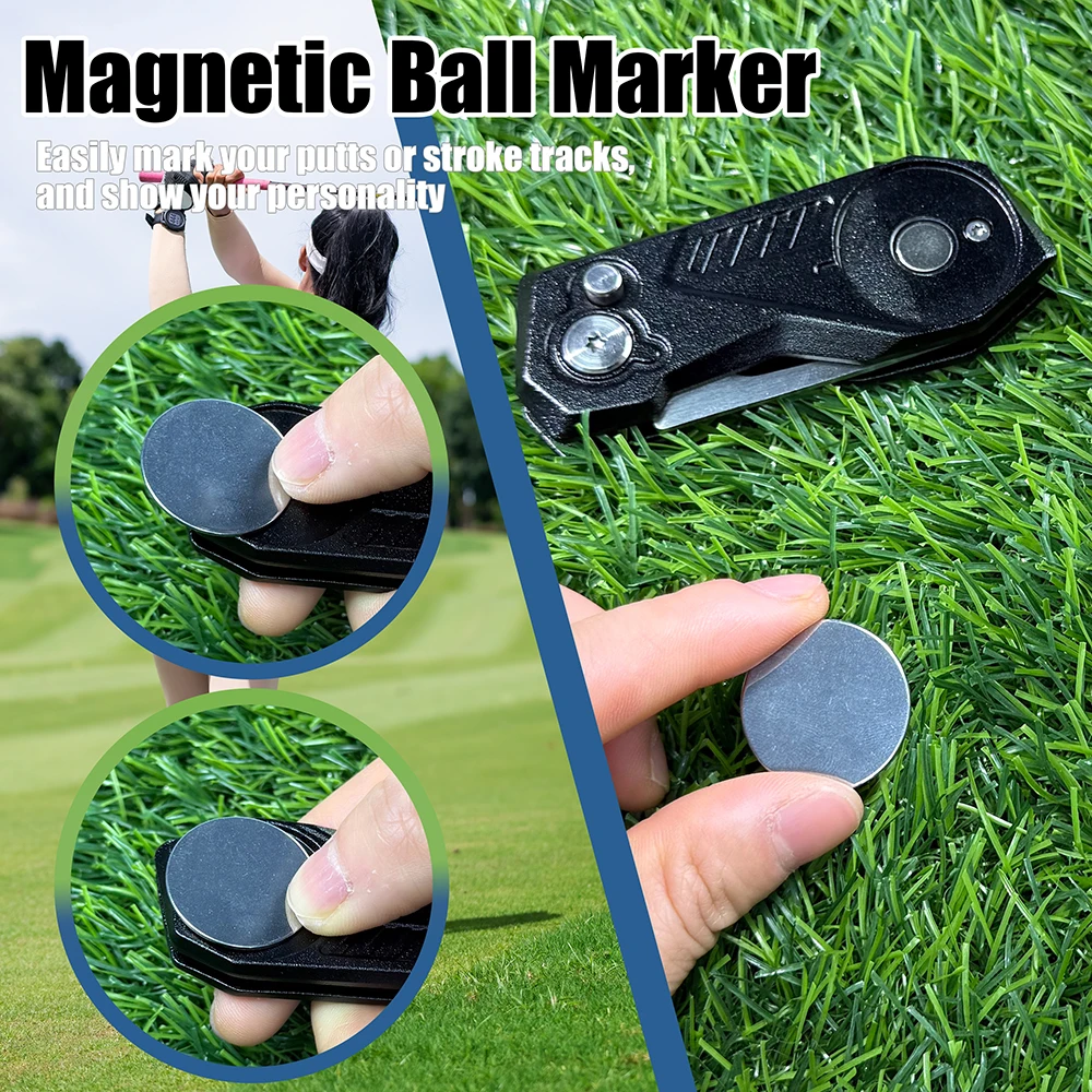 Professionelles Golf-Divot-Reparaturwerkzeug, faltbare Metall-Pitchgabel mit magnetischem Ballmarker, tragbares Putting-Green-Zubehör, Geschenk – Detail 5