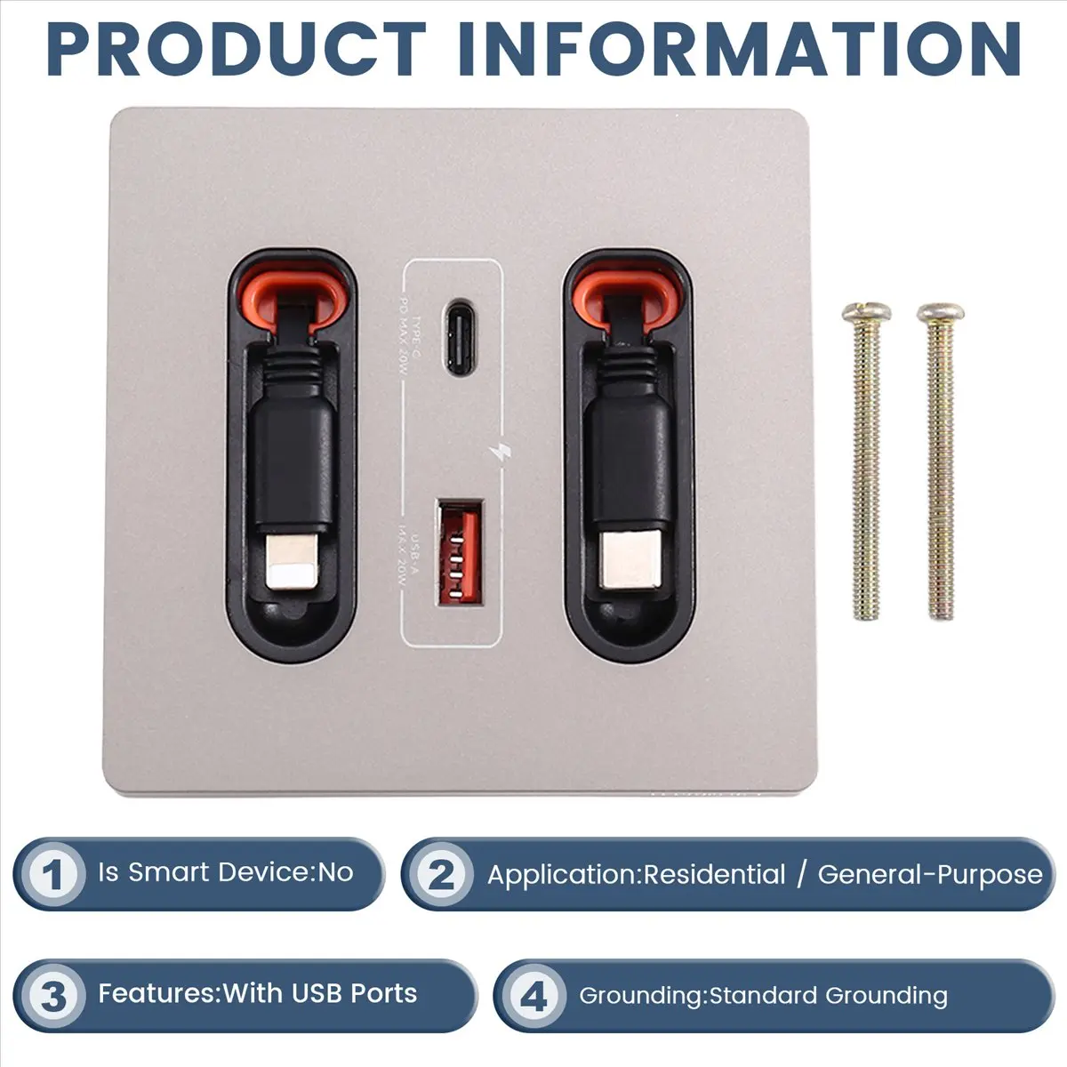 12w Universal Wall Panel Socket with Usb-A Usb-C Retractable Charging Cable, Mobile Phone Tablet Charging Type C Outlet