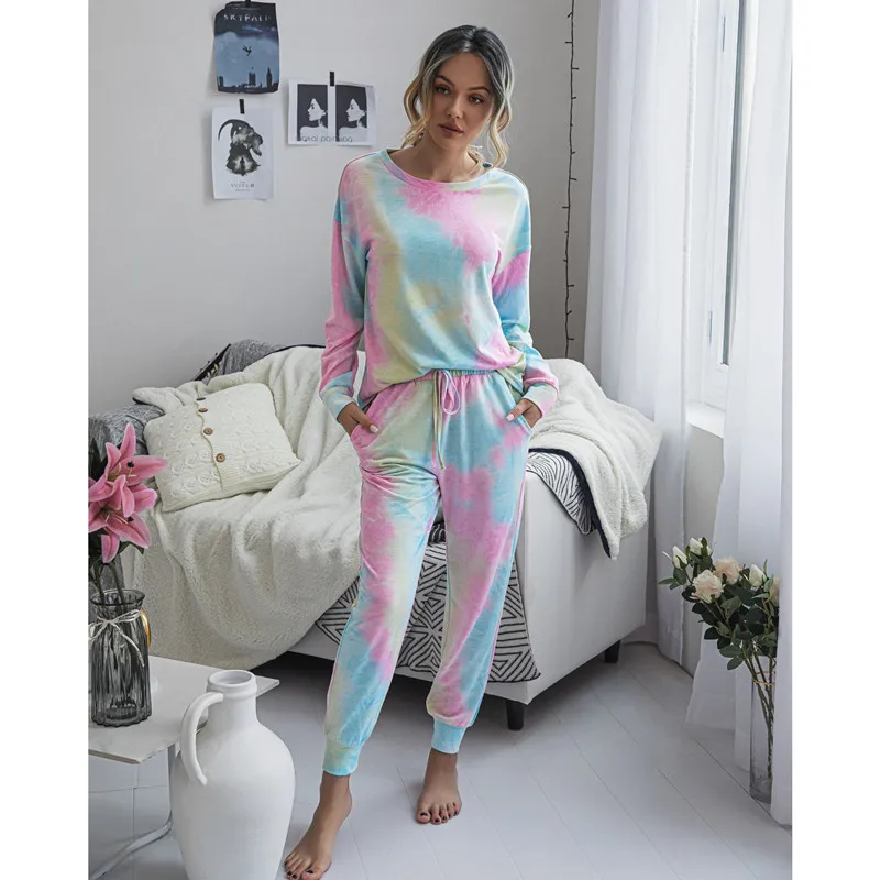 2025 Fall and Winter Women's Two-Piece Set Casual Round Neck Sportswear Ladies Tie-Dye Printing Long-Sleeved Casual Homewear 3