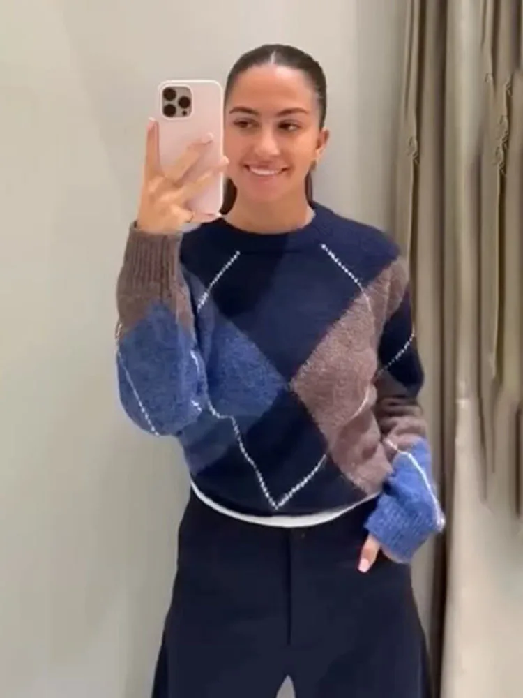 

Новый женский вязаный пуловер HH: модный, теплый, с длинными рукавами, V-образным вырезом и ромбовидным узором, шикарный свободный облегающий топ