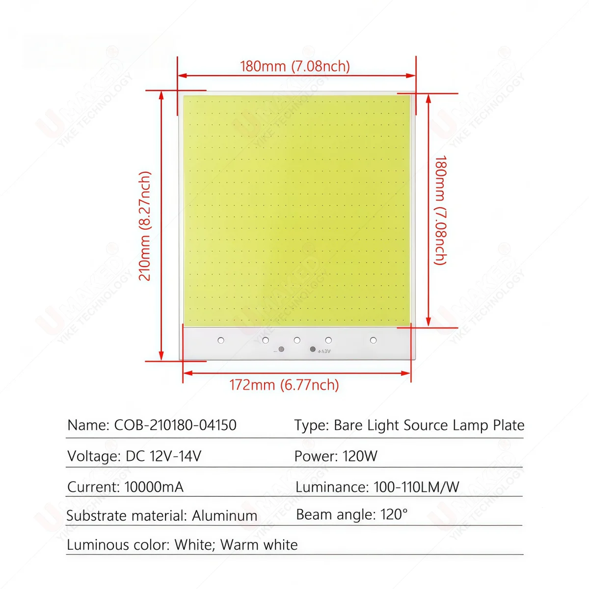 210x180mm COB LED Chip DC 12V 120W Integrated Surface Light Source Warm/White Brightness Adj Aluminum Substrate Lighting Board