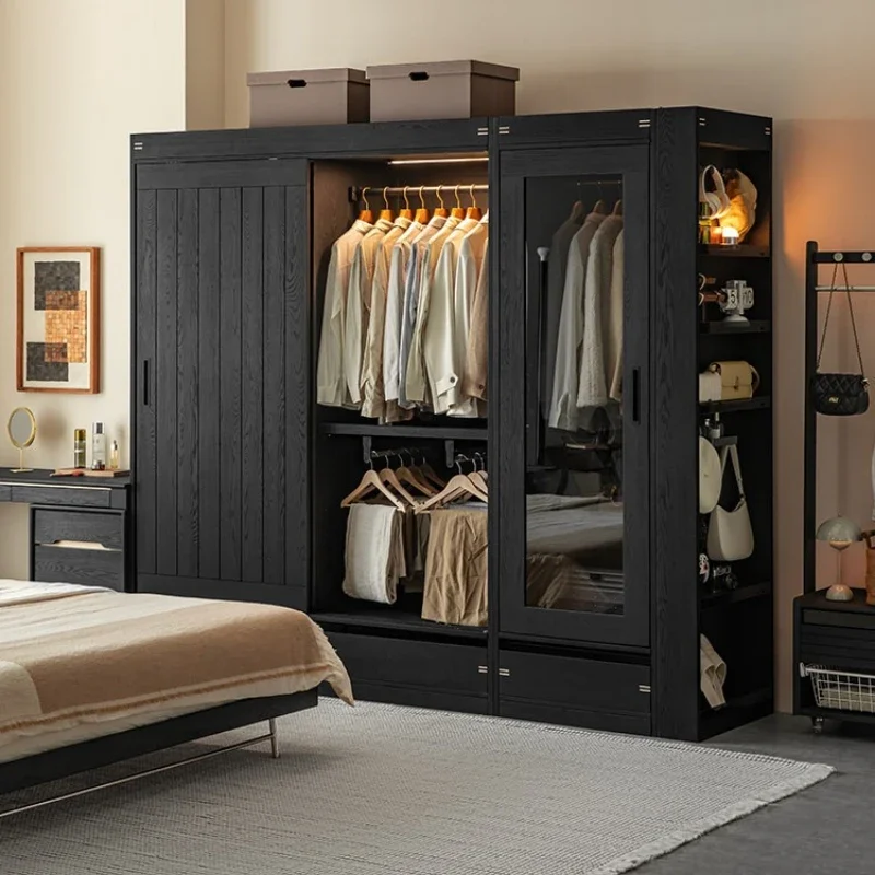 All-season wardrobe solid wood bedroom home sliding door large wardrobe black simple storage combination wardrobe