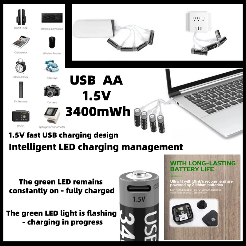 

USB Charging, AA Battery, 1.5V 3400mWh Type-C Rechargeable Lithium Battery for Toy Remote Control Mouse Fingerprint Lock