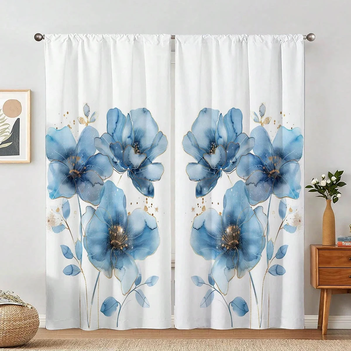 2 Pieces, Blue Watercolor Floral Print Curtains, Pastoral Style, Suitable For Kitchen, Bedroom, And Living Room Decoration.