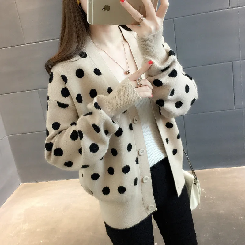 

Knitted Cardigan Women's 2025 Autumn/winter Style Elegant Individual Versatile and Fashionable Polka Dot Sweater Coat in Stock
