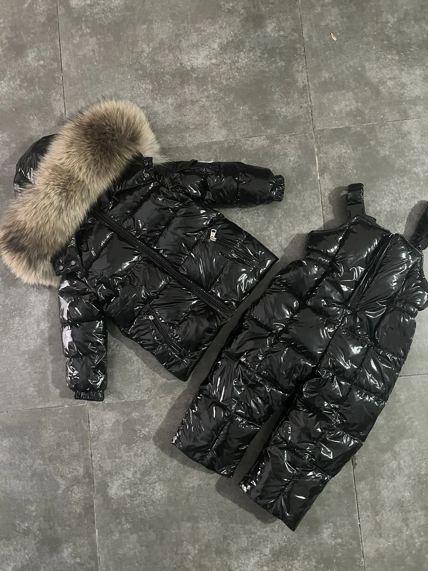 

Raccoon fur hood 2024 winter jacket child suit jacket+pant twinset boy & girl ski suits children down jacket outerwear parka