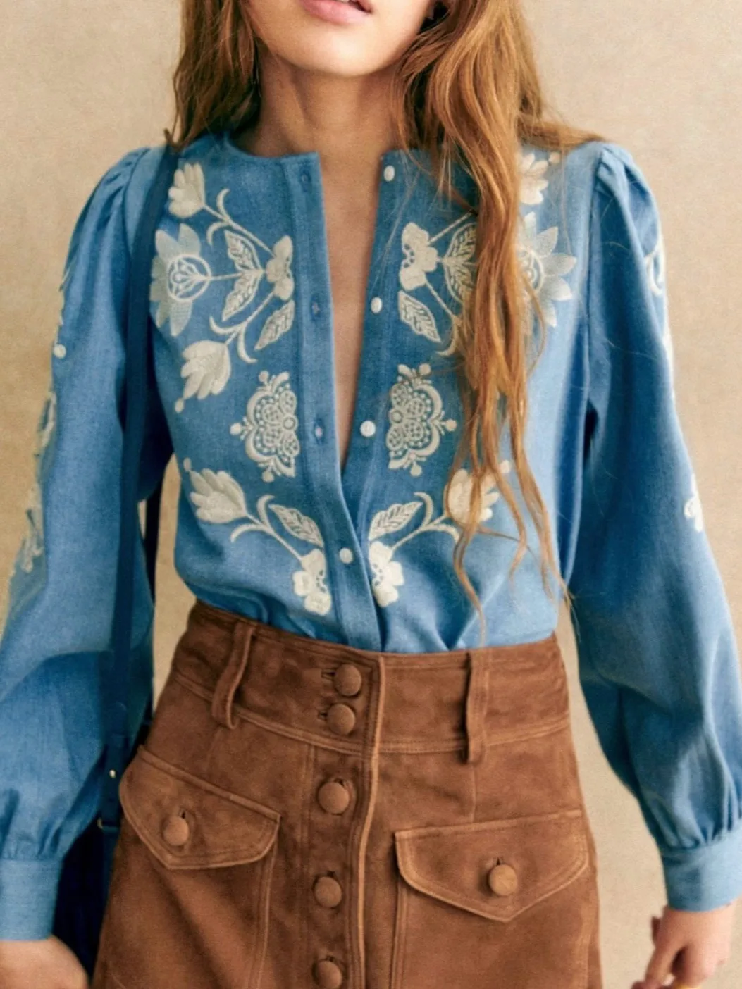 

Women Floral Embroidery Blouse Autumn New O-Neck Long Sleeve Single Breasted Elegant Female Denim Shirt