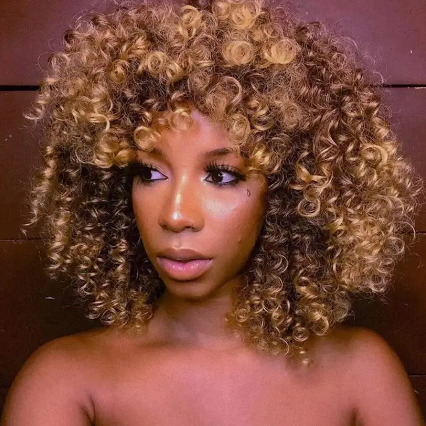 Women Short Ash Blonde Full Wigs Afro Kinky Curly Wig With Bangs Synthetic Hair