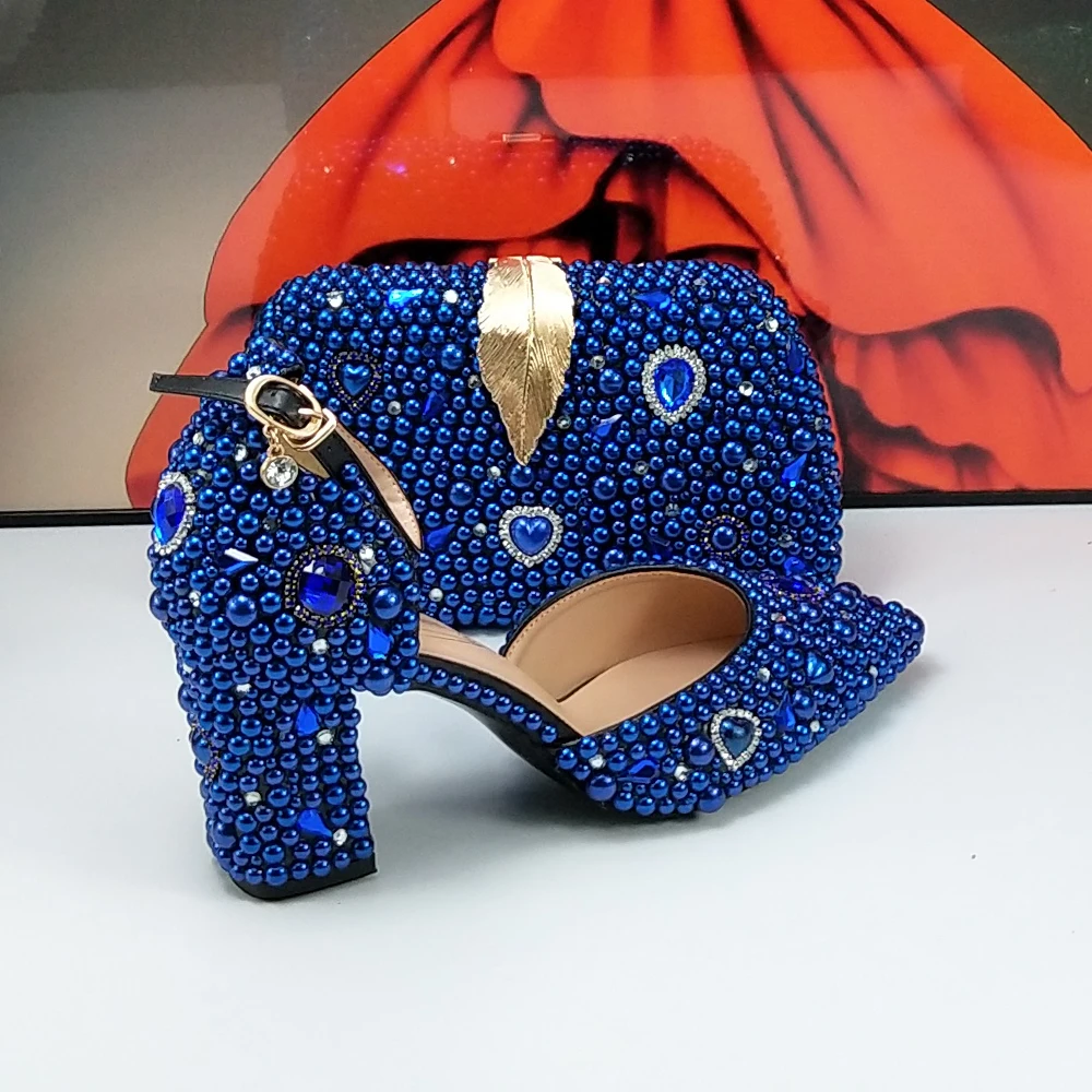 Zapatos de novia con bolsa para mujer, Sandalias de tacón cuadrado, punta estrecha, color verde perla, a la moda, color azul real