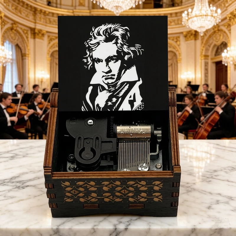 Ode an Die Freude Wooden Music Box Ode to Joy 18-Tone Movement Home Ornament Family Party Birthday Gift