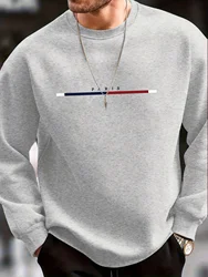 Men's autumn and winter casual sports loose oversized Paris print with fleece warm pullover round neck long sleeved sweatshirt