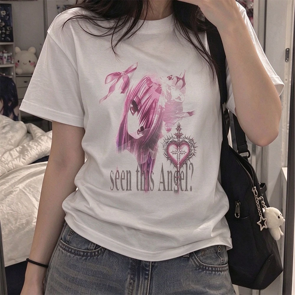 T-shirts featuring cartoon-style prints, millennial style, Harajuku style, '90s retro punk style, loose and oversized, unisex