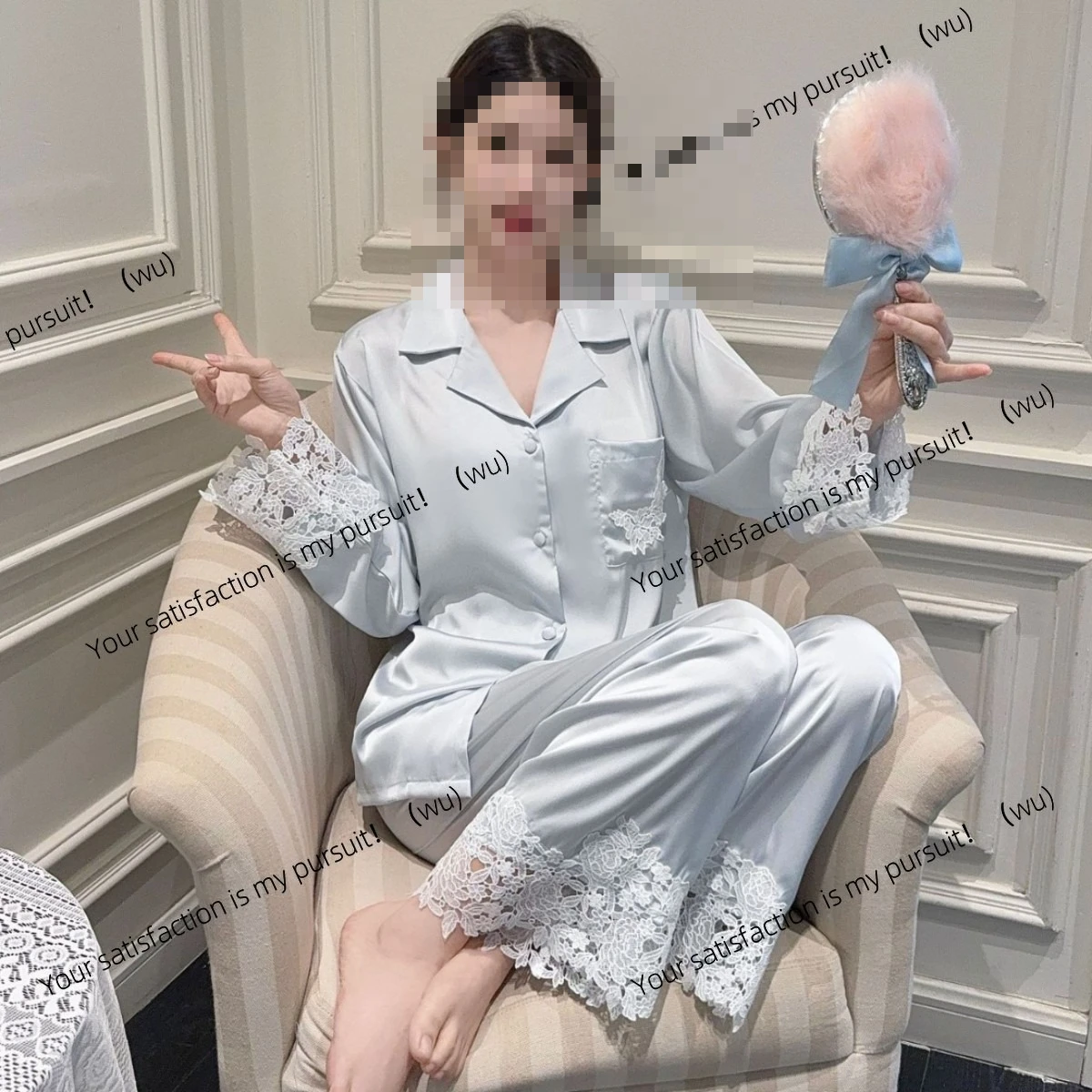 

Light luxury ice silk pajamas women's spring summer new long-sleeved silk satin loungewear high-end long-sleeved lace pajamas