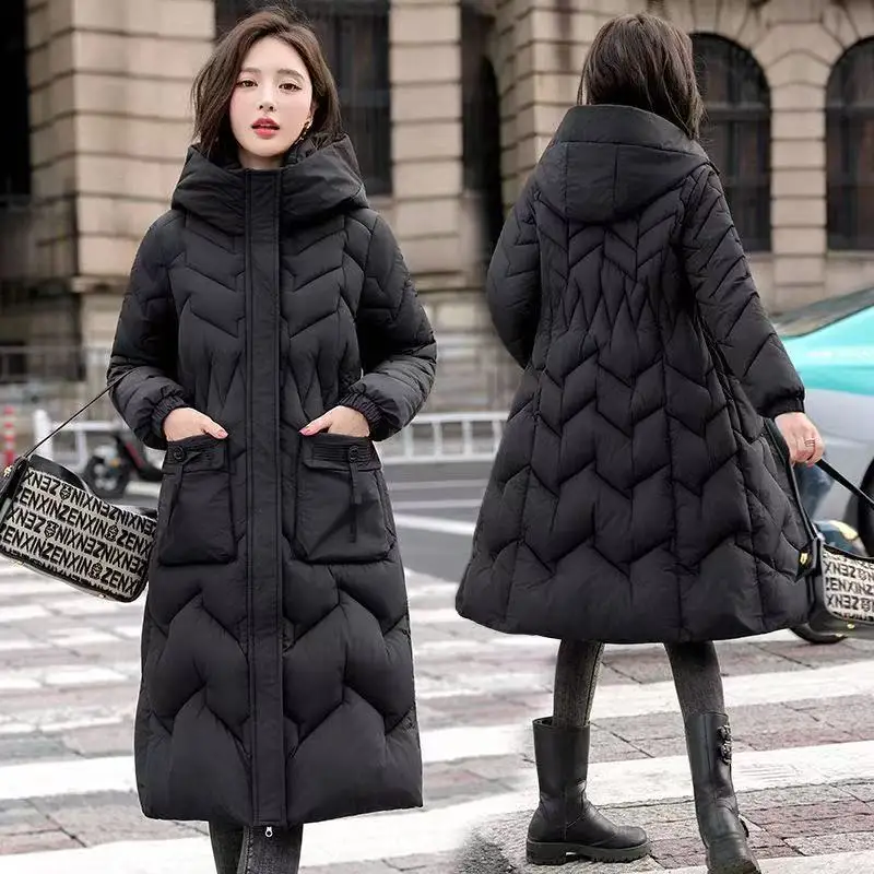 

Женское пуховое хлопковое пальто большого размера, новинка 2025, зимняя теплая стеганая куртка, длинная женская повседневная парка с капюшоном, хлопковая одежда