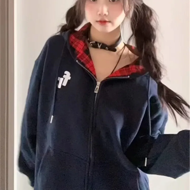 

Американский ретро-кардиган на молнии с цветными блоками и клетчатым узором для женщин, свободный повседневный универсальный жакет на раннюю осень