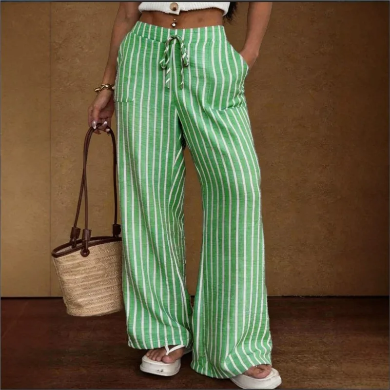 New Autumn Winter Women's Clothing Pants Popular Striped Loose Commuting Casual Lace-up Elastic Waist Wide-leg Trousers Women