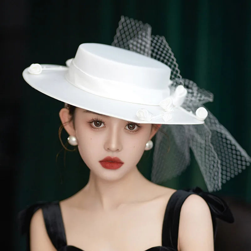 Sombrero de boda francés con lazo elegante, gorra plana hecha a mano, de malla, color negro, blanco, vintage, para mujer