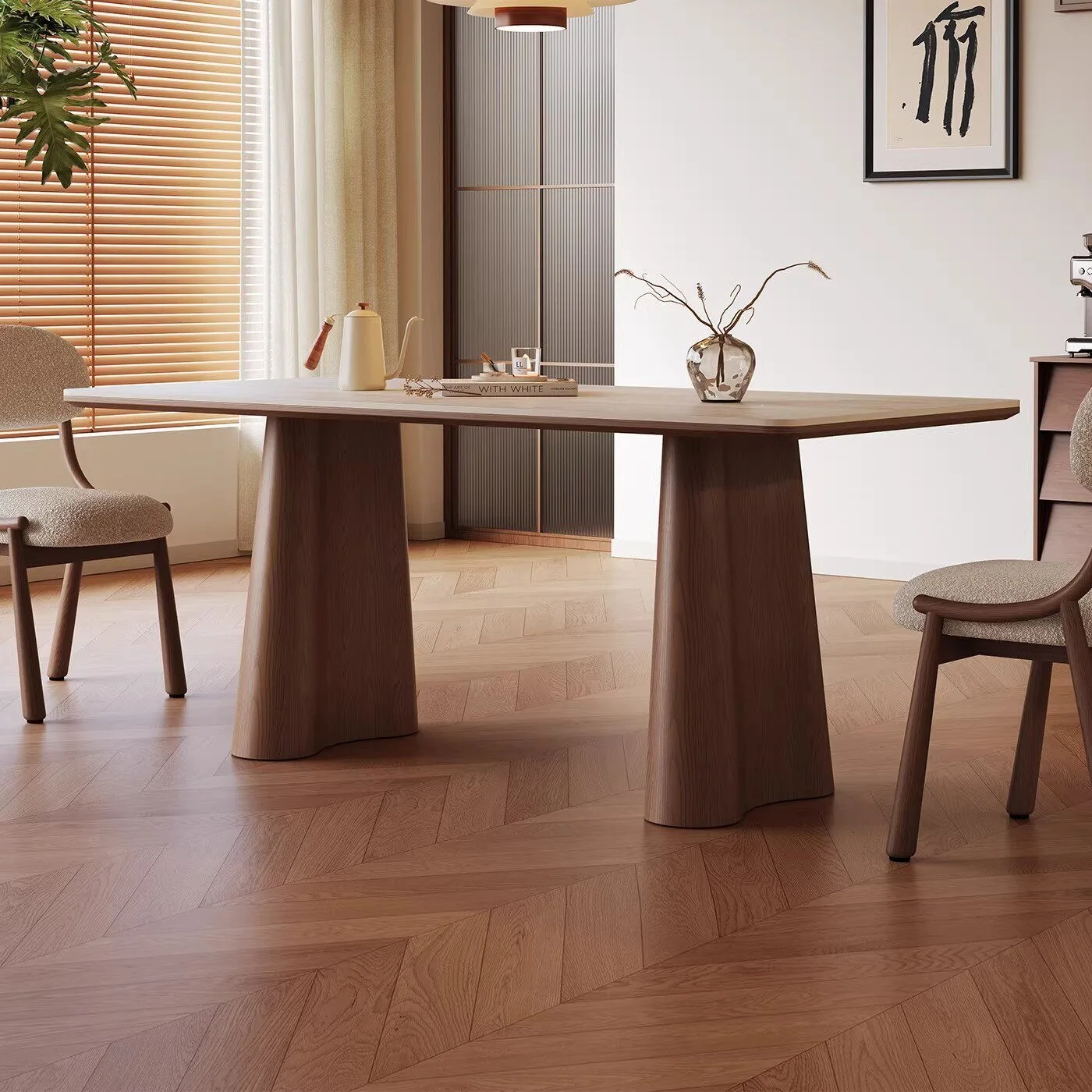 Travertine rock slab dining table rectangular household high-end walnut solid wood rock slab dining table and chair set