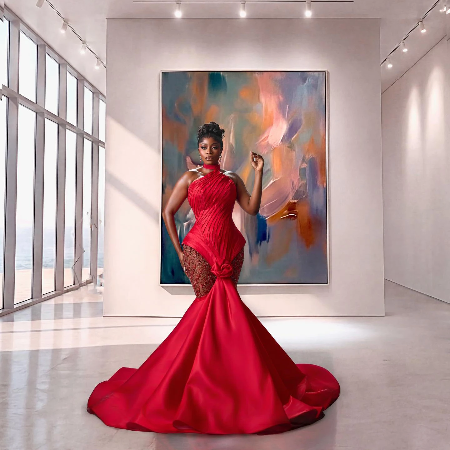 

Charming Red Satin Mermaid Evening Dress Halter Neck Beaded Wedding Dress African Women Luxury Prom Party Aso Ebi Trumpet Train