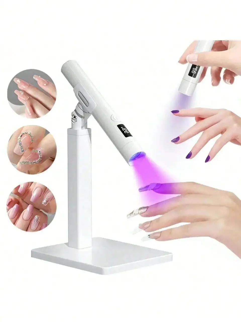 

1Pc White Handheld Manicure Word Lamp With Screen Display Bracket 360 Degrees Rotary Multifunctional Rack Stick Nail Tip