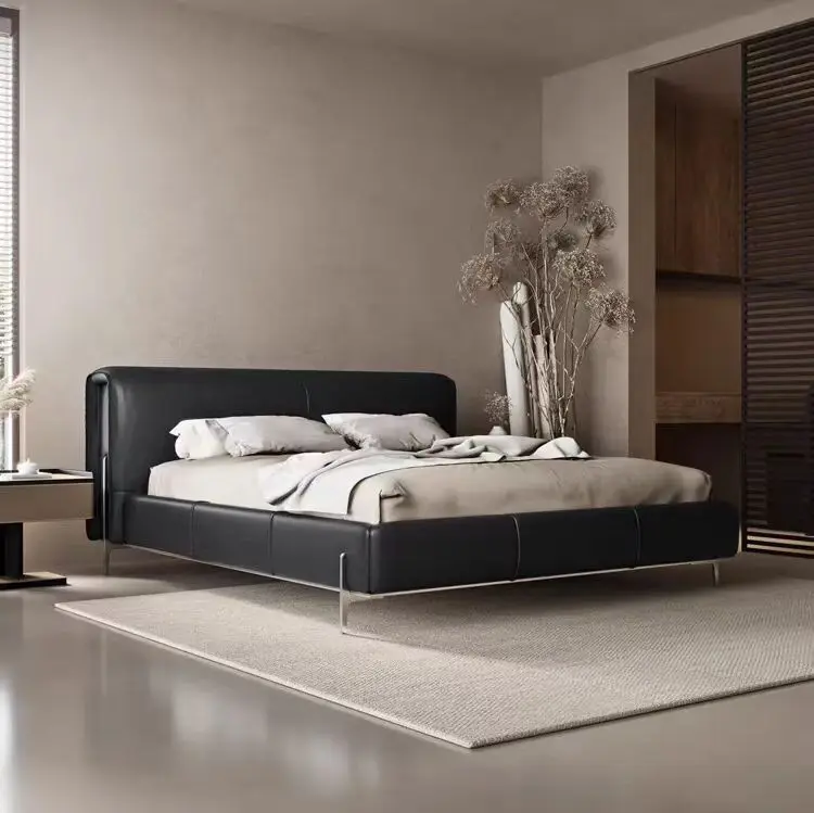 

ua-Light Luxury Beds Modern Genuine Leather Upholstered Soft Headboard Queen Size Bed Bedroom Furniture King Bed Frame#