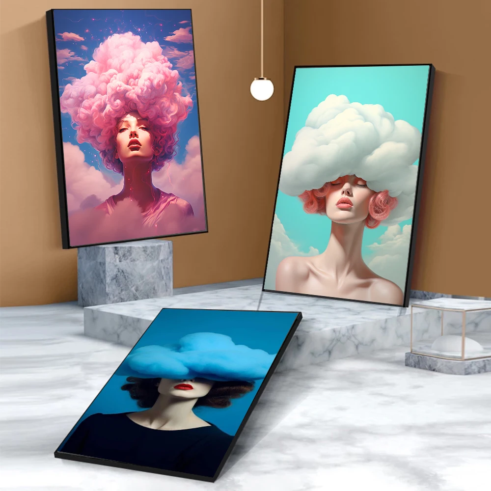 Surrealism Cloud Woman Canvas Painting Wall Art Funny Whimsical Girl With Clouds Poster Prints For Living Room Home Decor Gift