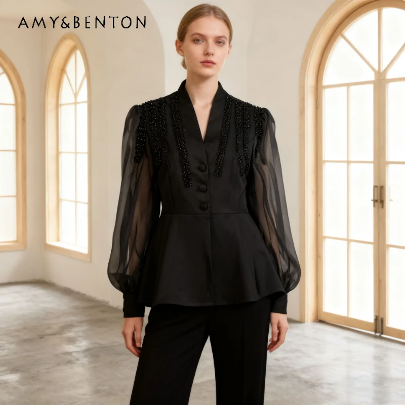 

Модная повседневная женская блузка 2026 года, весенняя, с V-образным вырезом, рукавами-фонариками, свободного кроя, тонкая, универсальная, сетчатая, для женщин