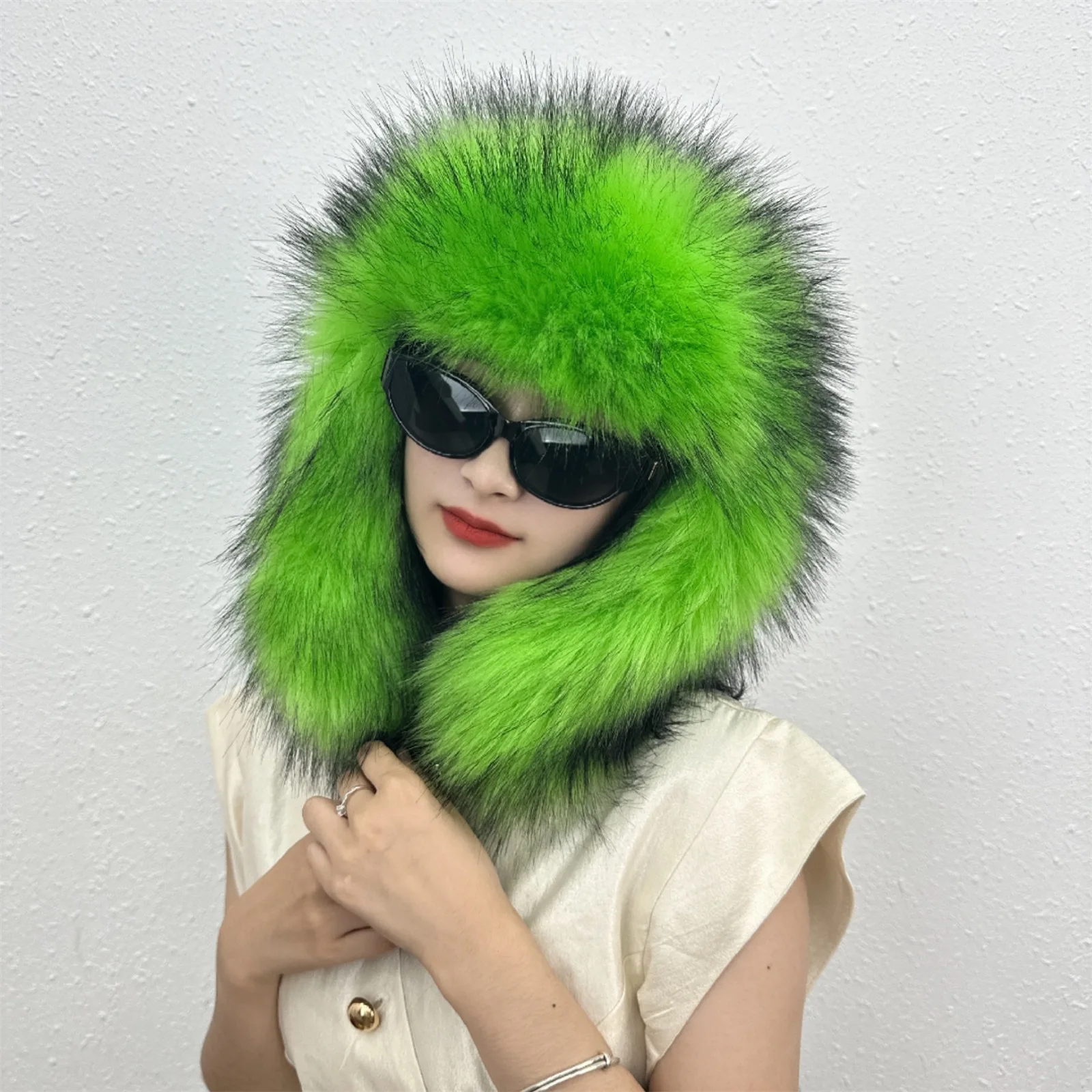 Women Faux Fur Trapper Hat, One Size Fluffy Plush Earflap Hat Winter Warm Furry Hat Y2K Street Party Fashion Hat