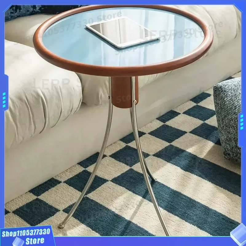 Modern Simple Round Glass Coffee Table Medieval Style Rubber Wood Side Table Retro Home Living Room Balcony Jellyfish Design