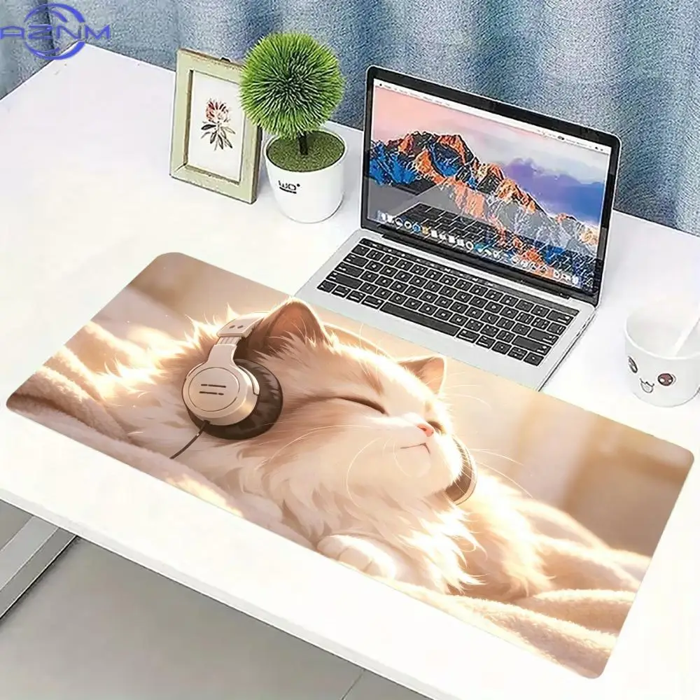 Cute Headphone Ragdoll Cat Large Gaming Mouse Pad Non-Slip Stitched Mat for Gamers Home Office Desktop Daily Usage Needs