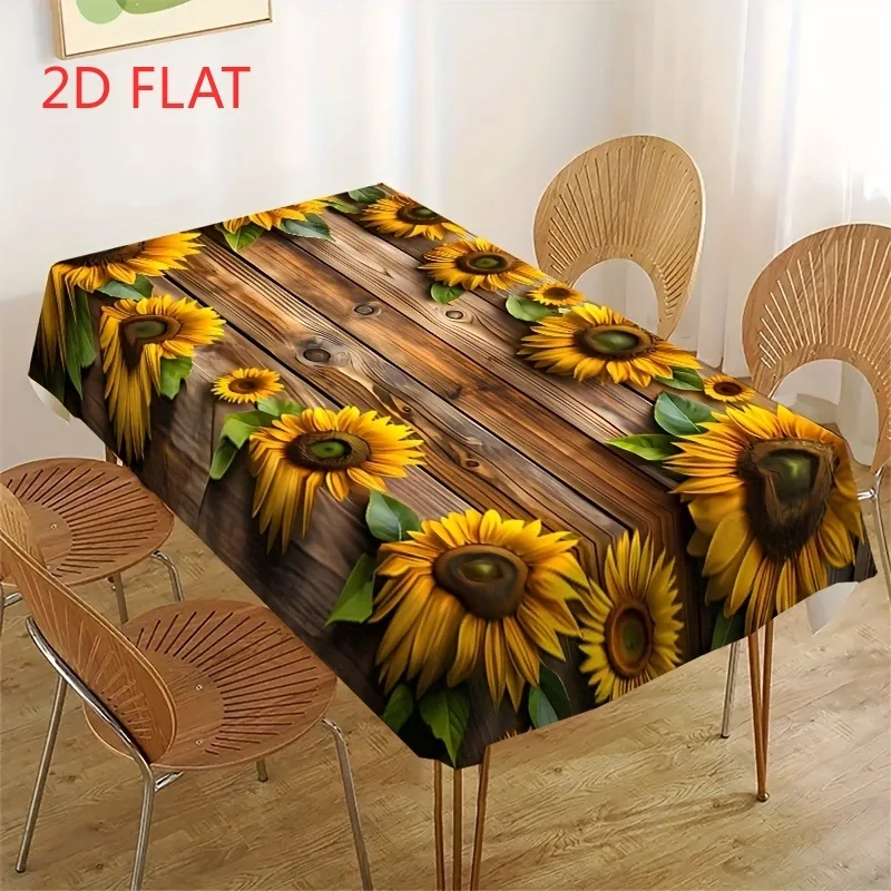 One polyester fabric tablecloth featuring a three-dimensional deep-grain pattern of sunflowers.