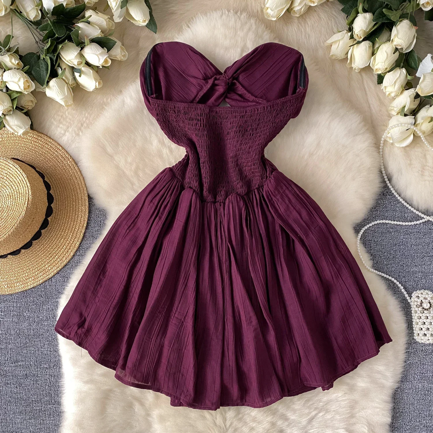 U19 Sweet Memory Sexy Cut Out Off Shoulder Pleated Dress Chic Vintage Evening Party Club Women Chic Summer Puff Dresses