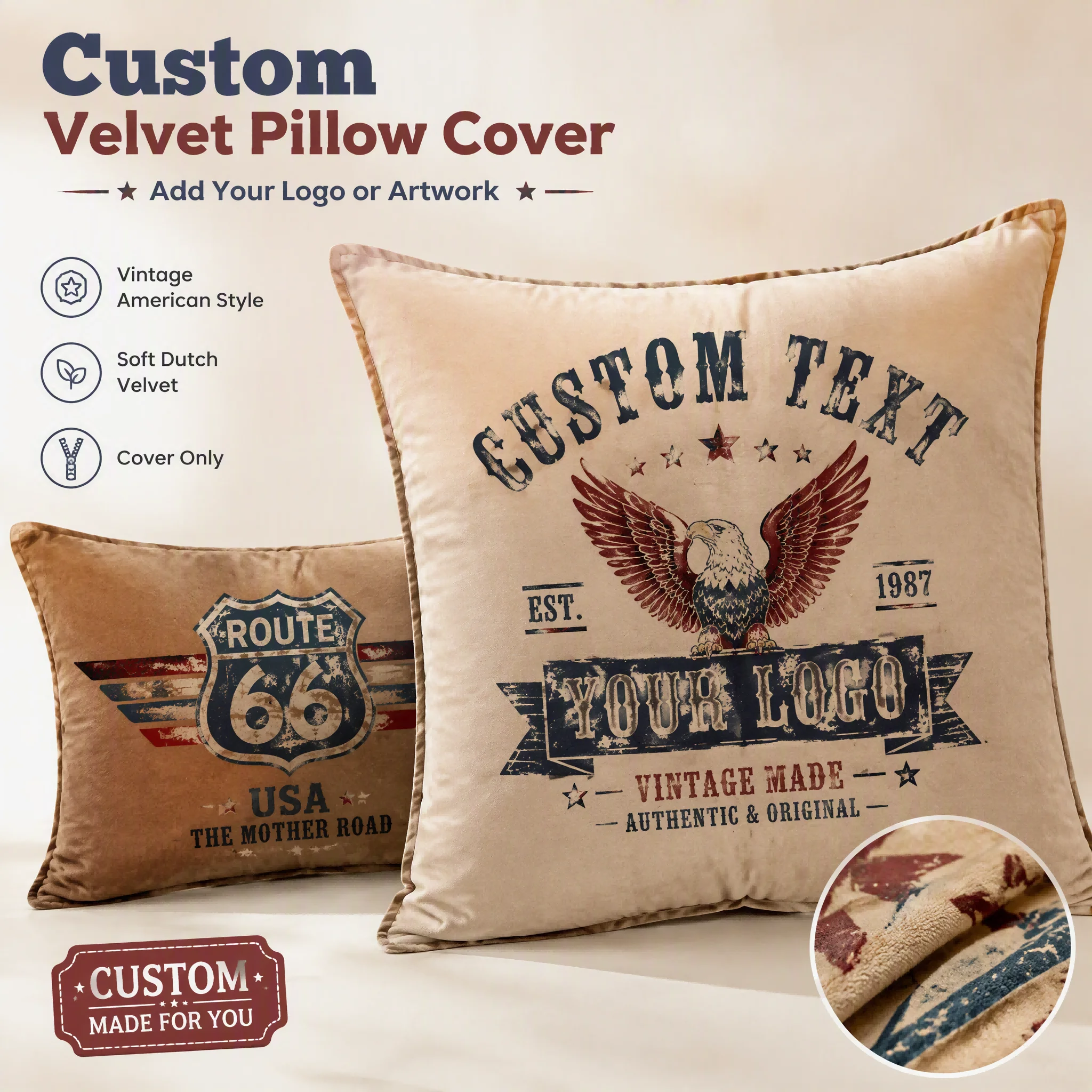 Custom Dutch Velvet Pillow Cover American Retro Vintage Style Personalized Cushion Case Sofa Home Decor Gift