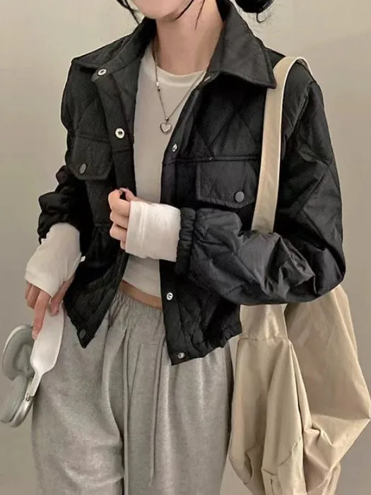 Chic Retro ort Cotton Jaet Women's Hong Kong Sle Dstring Buttoned Waist Loose Collar Long Sve Trendy Outerwear