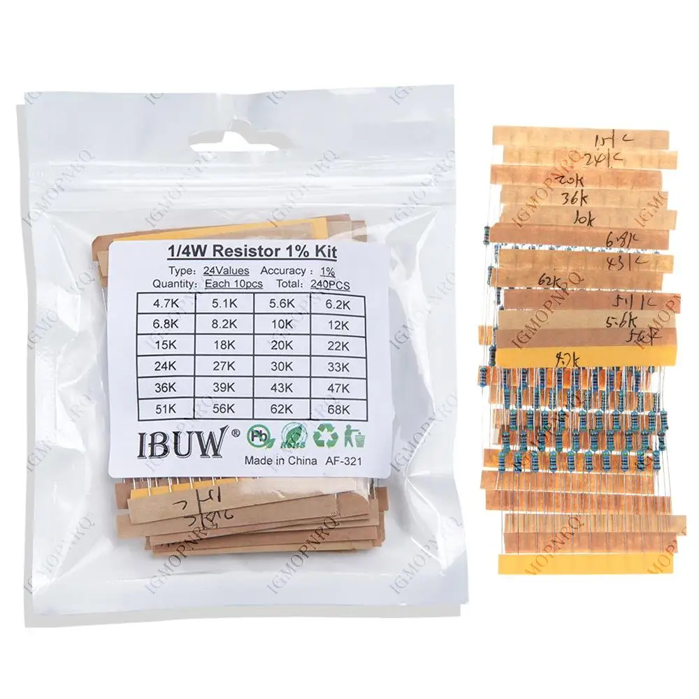 

24valuesX10pcs=240pcs 1/4W 0.25W 1% 4.7k-68k Metal Film Resistor component diy kit package 4.7K 10K 15K 20K 47K 56K 68K ETC.