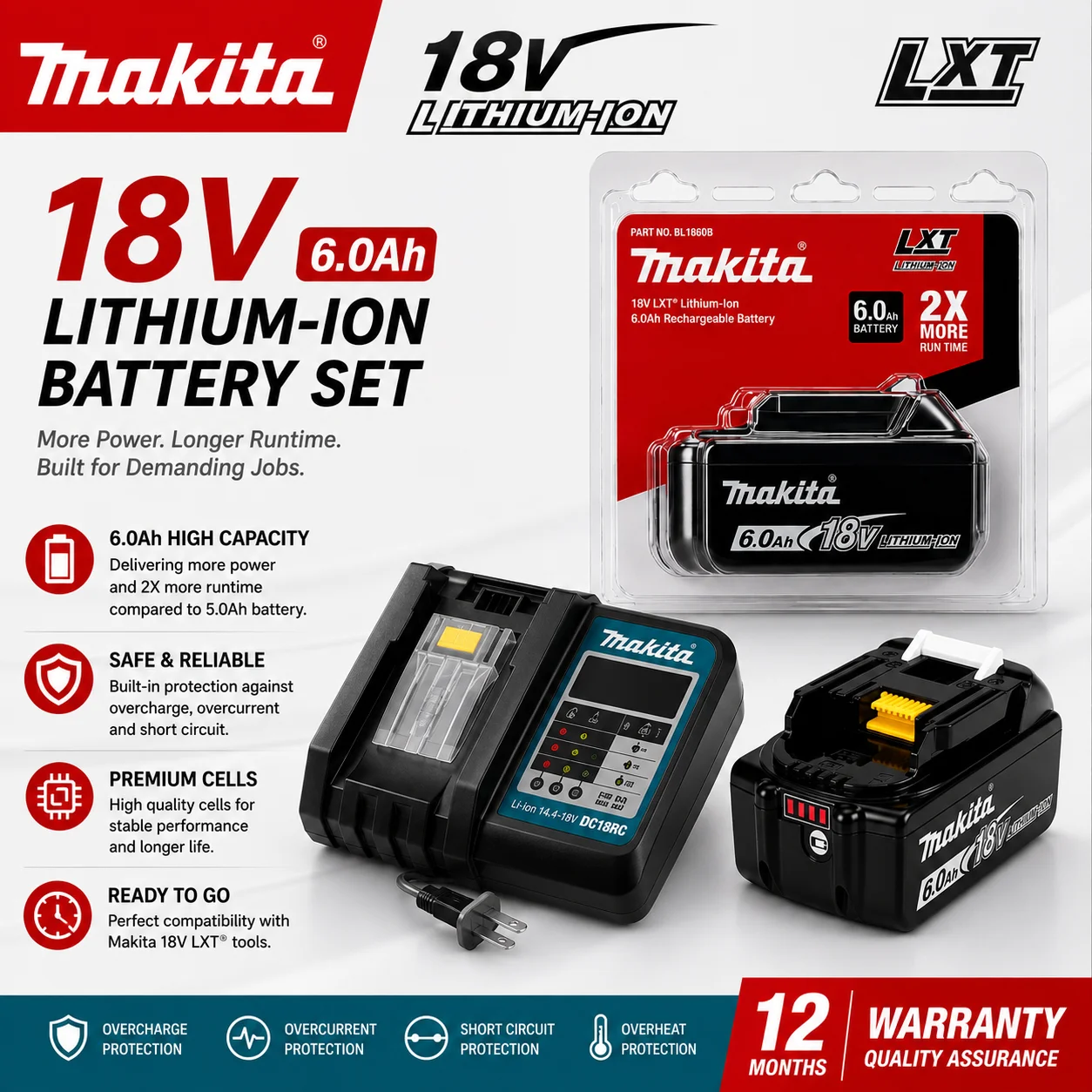 Batteria al Litio Originale 6.0Ah 18V per Sistema Makita LXT DHR140 DAS180 DHP489 DDF487 DGA404 DTD173 Batteria Universale per Smerigliatrice, Trapano e Avvitatore a Impulsi Makita