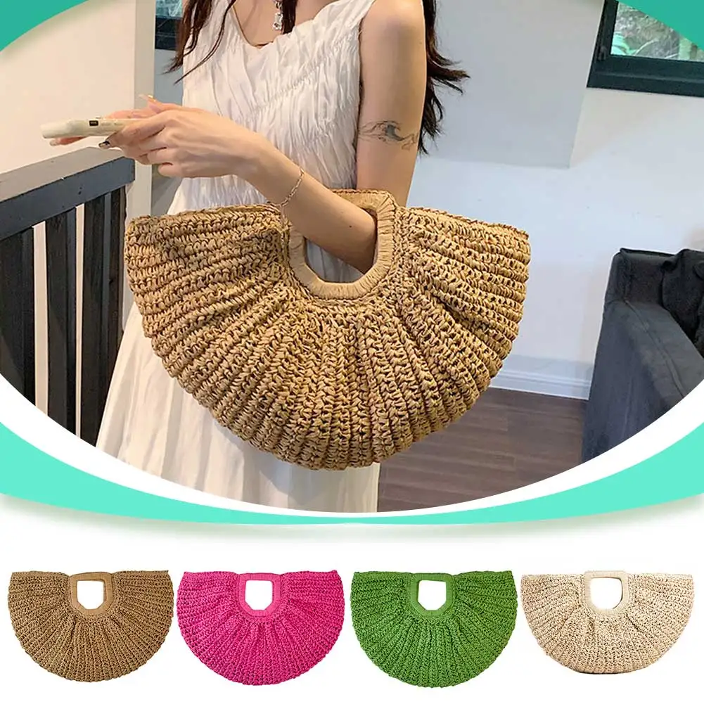 

Women Handmade Straw Tote Bag Large Capacity Half-Moon Straw Handbag Solid Color Simple Weaving Wrist Bag Female Daily Bag