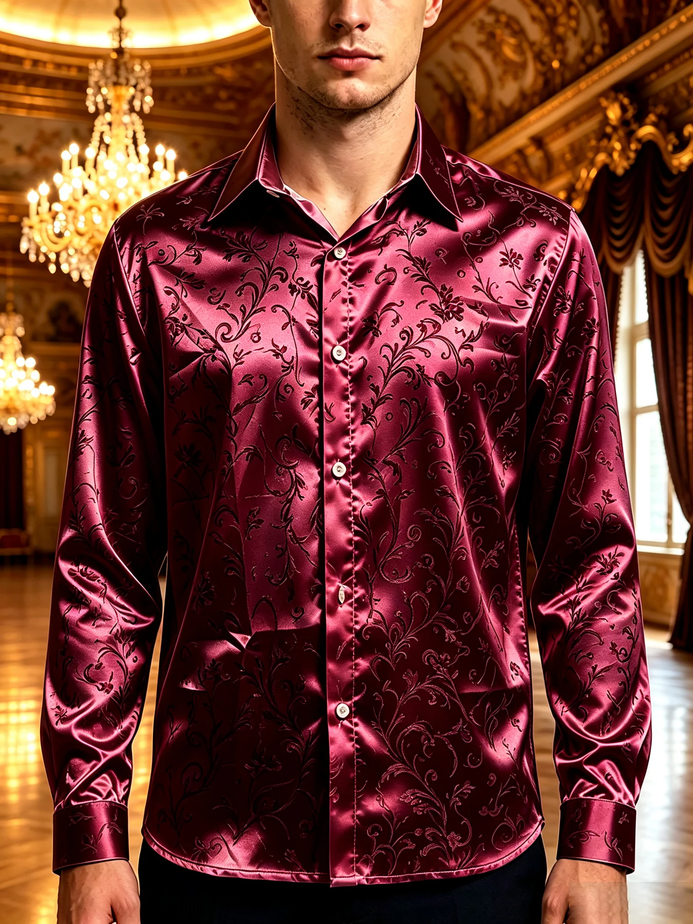 2026 Men's Light Luxury Satin Textured Polyester Fiber Long Sleeve Shirt Brightly Colored Printed Shirt Party Wedding Dress Men