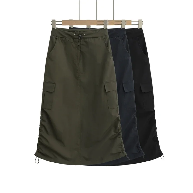 High Waist Drawstring Midi Skirt American Vintage Loose Fit Cargo Pockets Workwear Casual Street Summer Outfit For Women Gift