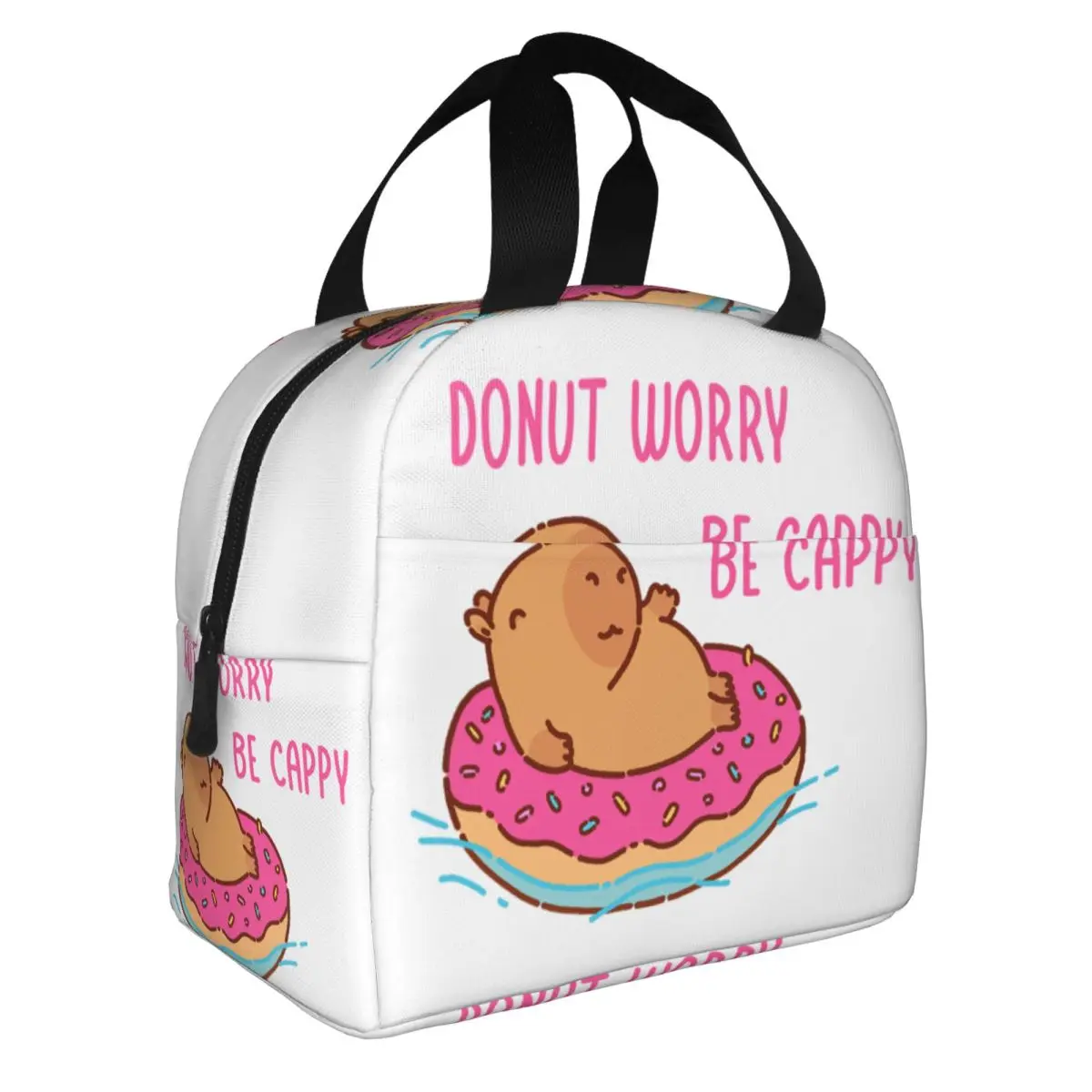 Capybara Floating In A Donut Floater Donut Worry Be Cappy Lunch Bag Men Women Cooler Warm Insulated Lunch Boxes for Office