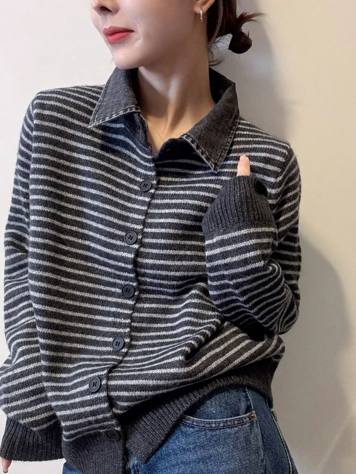 

Ele Long Sve Knitted Sweater Striped Single Button Commuter Casual Winter Faion Women's Soft Comfortable Warm Cardigan