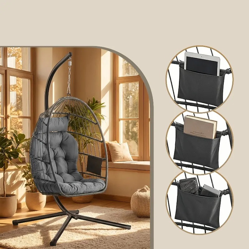 Hanging Egg Chair with Stand – Foldable Removable Basket, Height Adjustable Swing Chair with Pocket & Cushion, Indoor/Outdoor