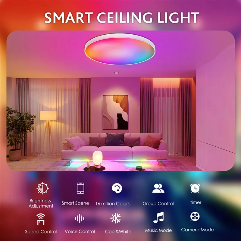 

ABMR-Smart Потолочный светильник Wi-Fi Bluetooth Пульт дистанционного управления Rgbcw Цветной потолочный светильник с затемнением Простой трехзащитный потолочный светильник