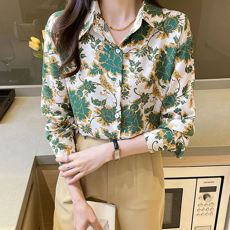 2024 Spring Autumn New Women\'s Polo Collar Printed Loose Fashion Commute Chiffon Blouses Long Sleeve Single-breasted Shirts Tops